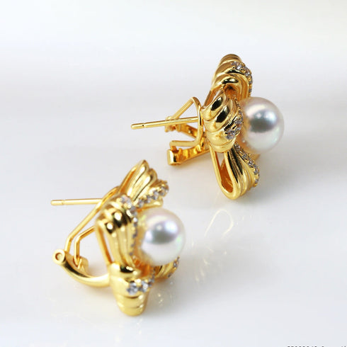 Twisting Square Zirconia Pearl Gold Stud Earrings – Vintage Luxury